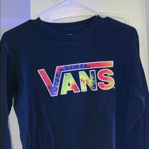 vans navy blue with tie dye words spelling vans